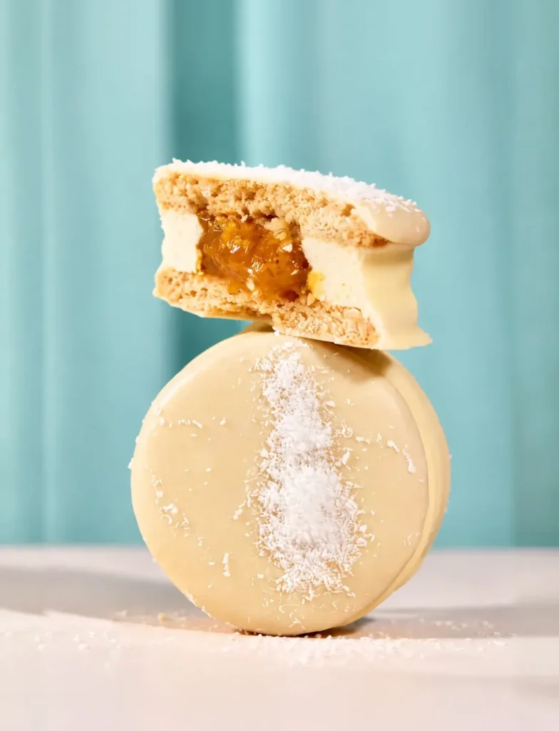 Alfajor Tropical de coco y maracuyá, uno cortado sobre otro entero