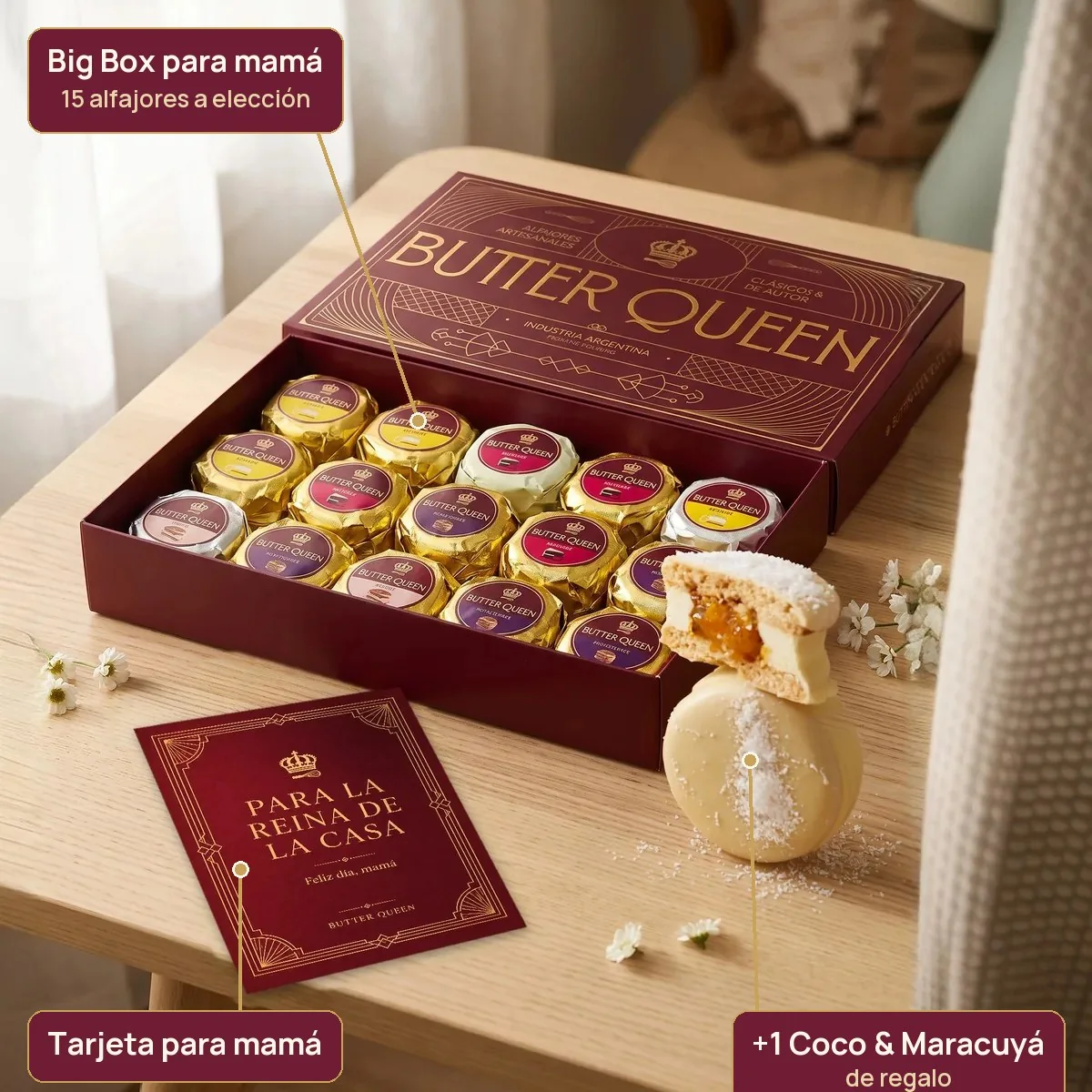 Qué incluye la Big Box para mamá: la caja de 15 alfajores, un Coco y Maracuyá de regalo y la tarjeta