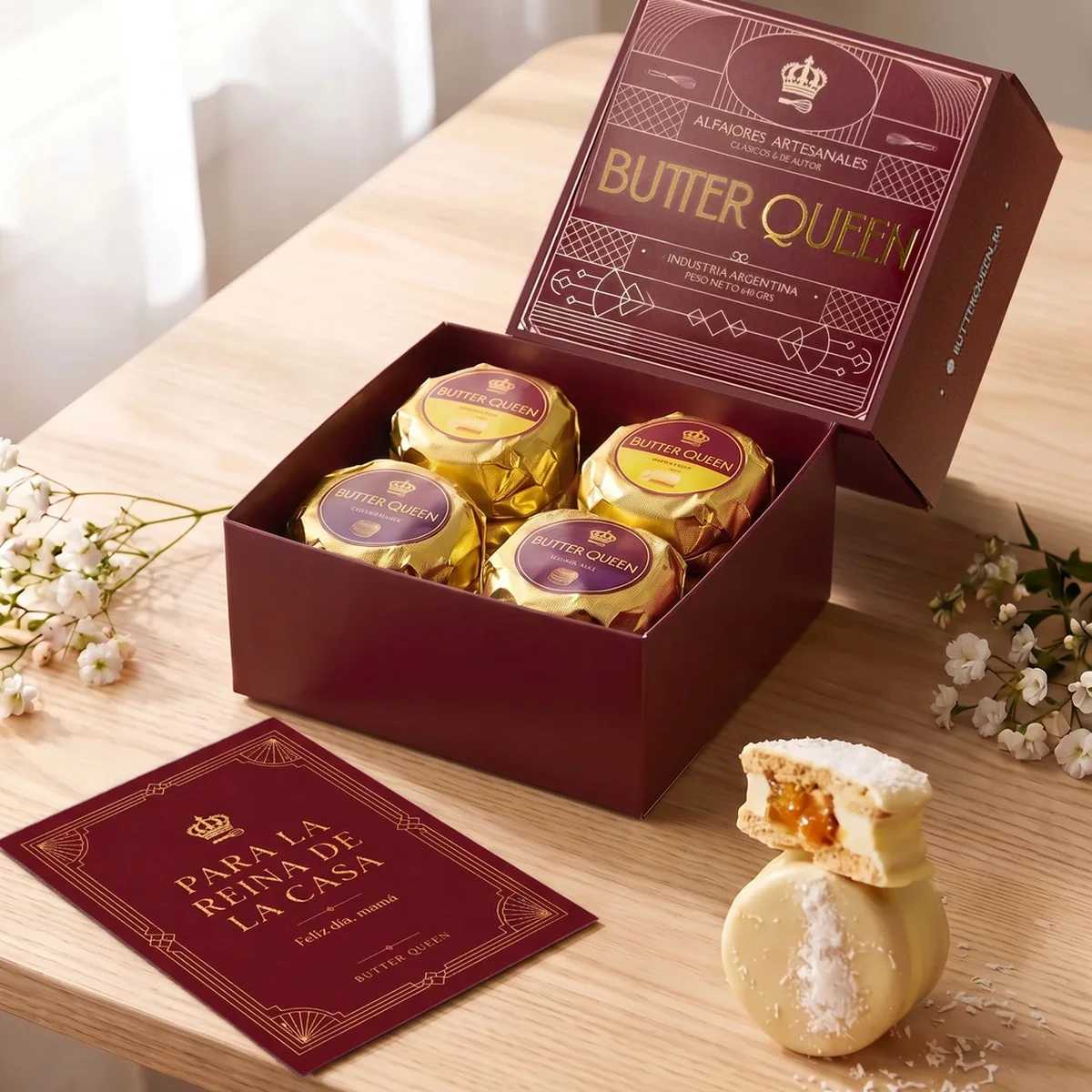 Box L para mamá con 8 alfajores, un Coco & Maracuyá de regalo y la tarjeta del Día de la Madre